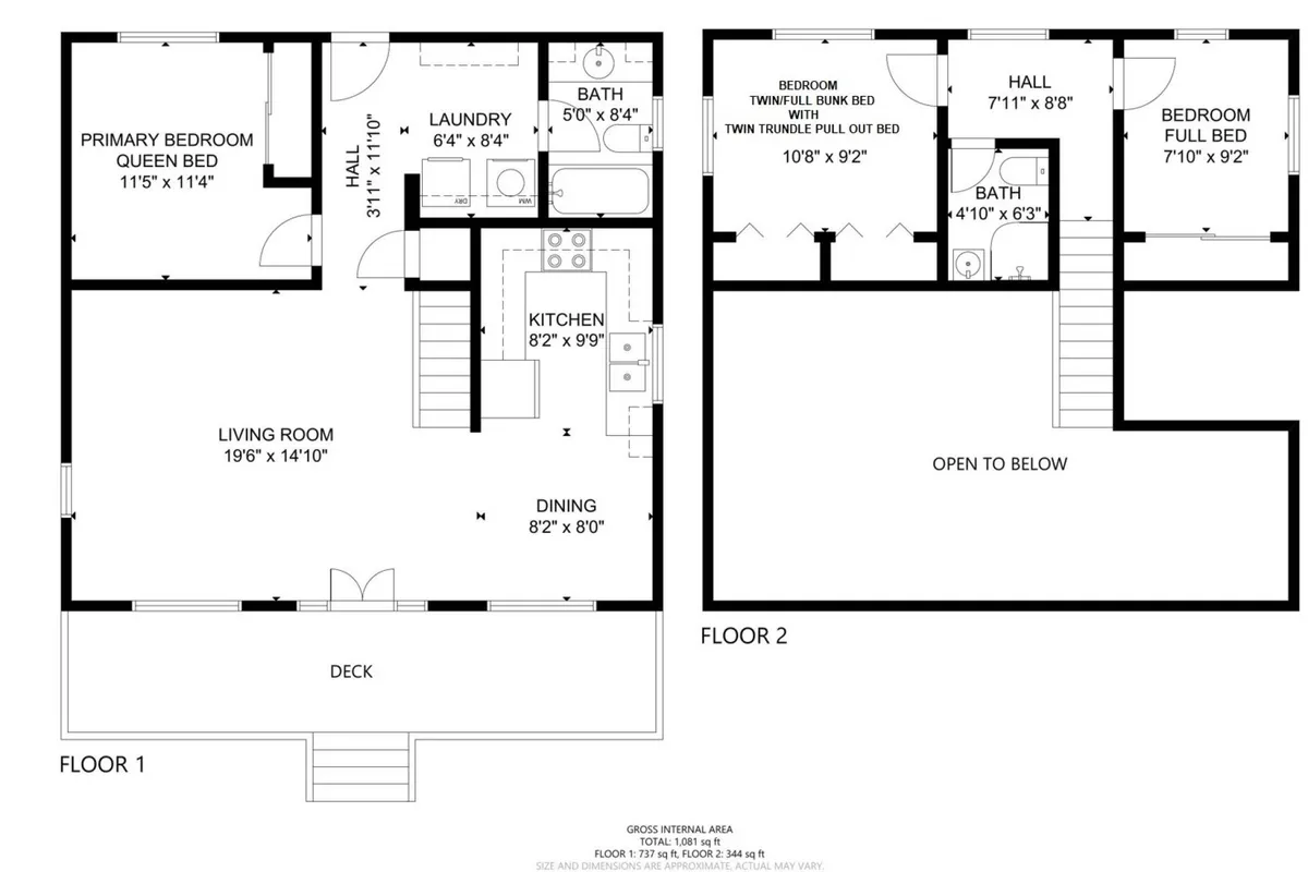 An open-plan view connecting the kitchen, living room, and a glimpse of the primary bedroom, with the deck visible outside. The living area features comfortable sofas and a welcoming, multi-use atmosphere.