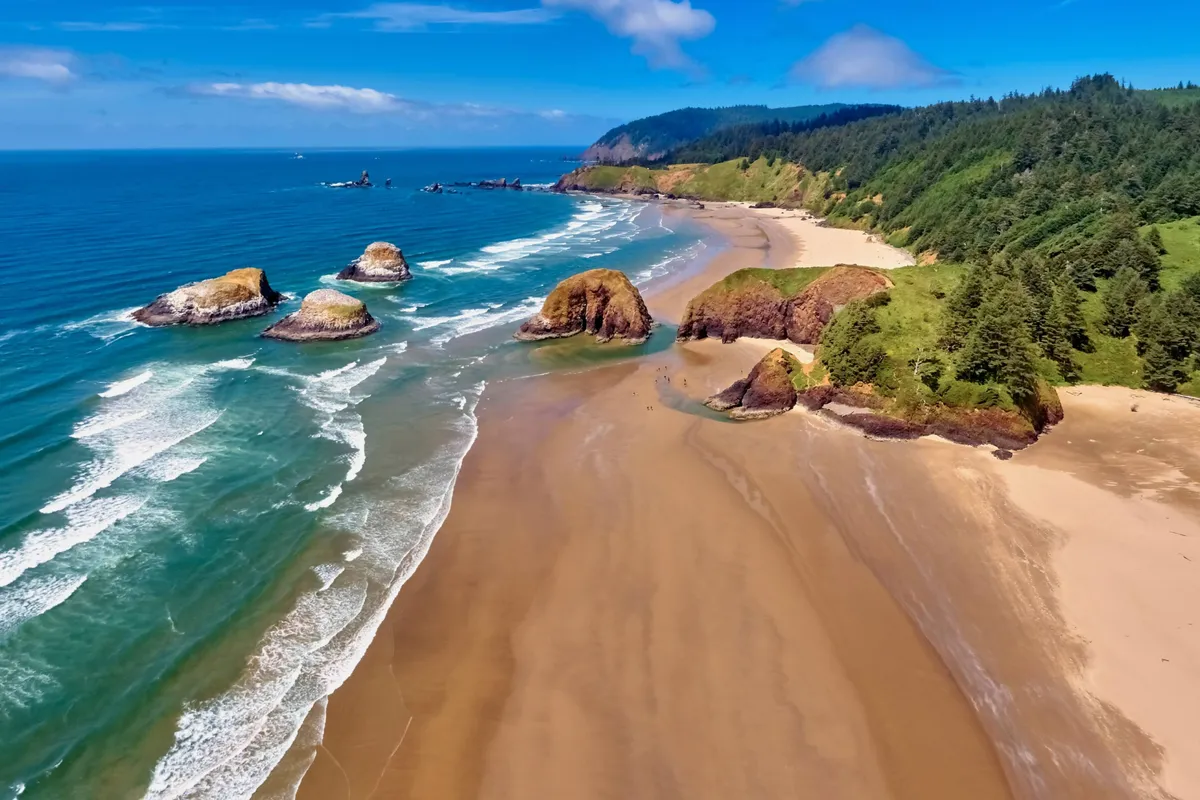 A wide sand beach bordered by dramatic rock formations and lush greenery, with rolling ocean waves inviting exploration. The scene evokes tranquility and beckons for sunbathing, surfing, and wildlife spotting, with hikers visible on nearby trails and tide pools waiting to be explored.